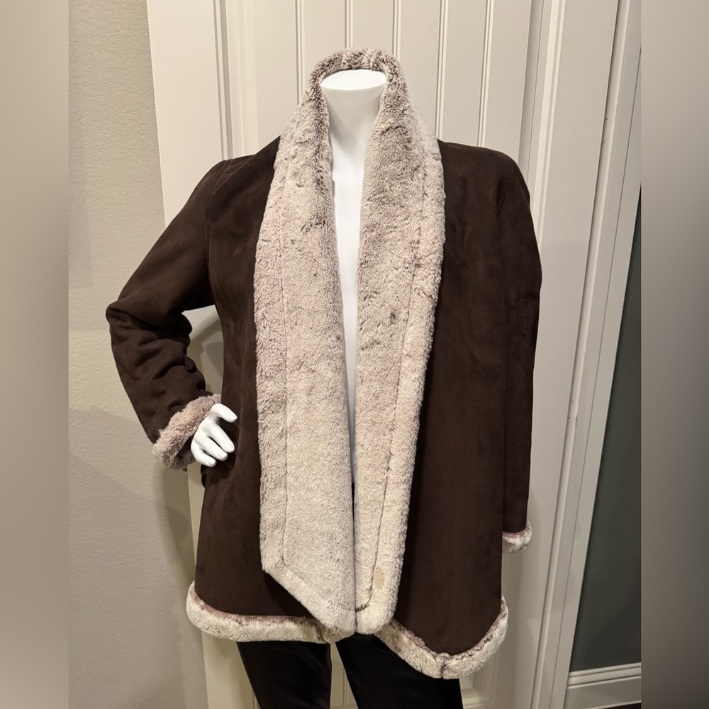 Kial Brown Open Front Cozy Plush Jacket Suede-Look Soft Coat